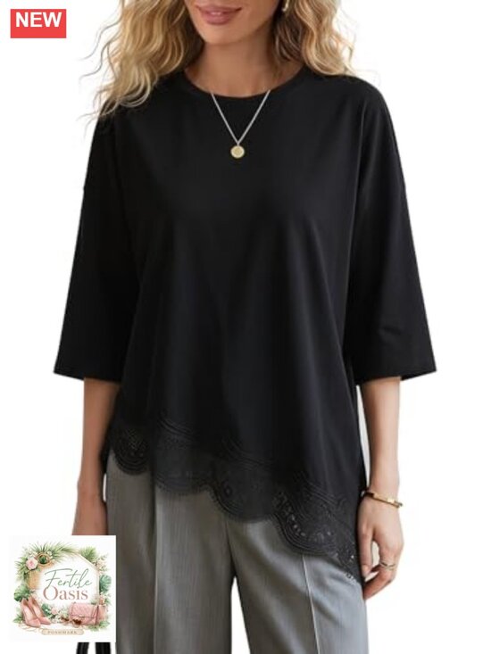 Tops - Oversized Lace Trim Tunic Blouse Crew Neck Half Sleeve Cotton Blend